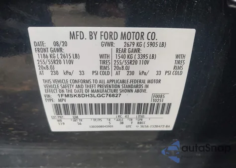 2020 Ford Explorer Xlt из США, поврежденный, VIN 1FMSK8DH3LGC76827